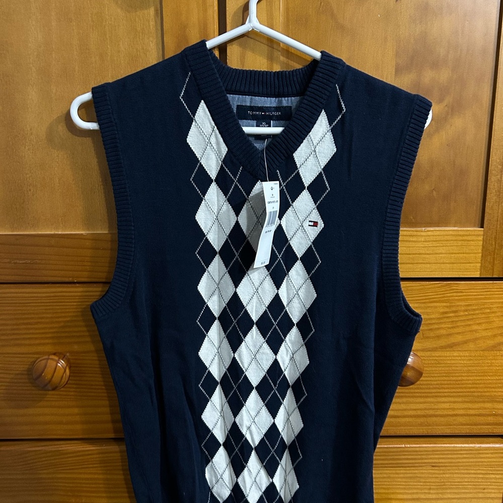 Tommy Hilfiger Navy and White Argyle Knit Vest